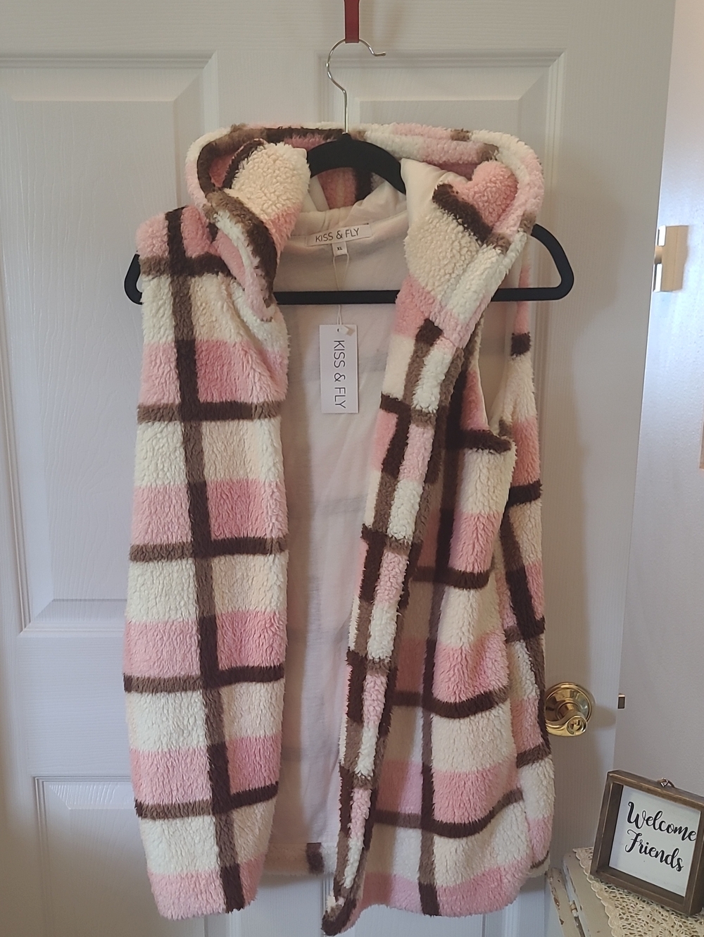 Kiss & Fly Plush Hooded Vest in Pink & Cream Plaid Bin 6